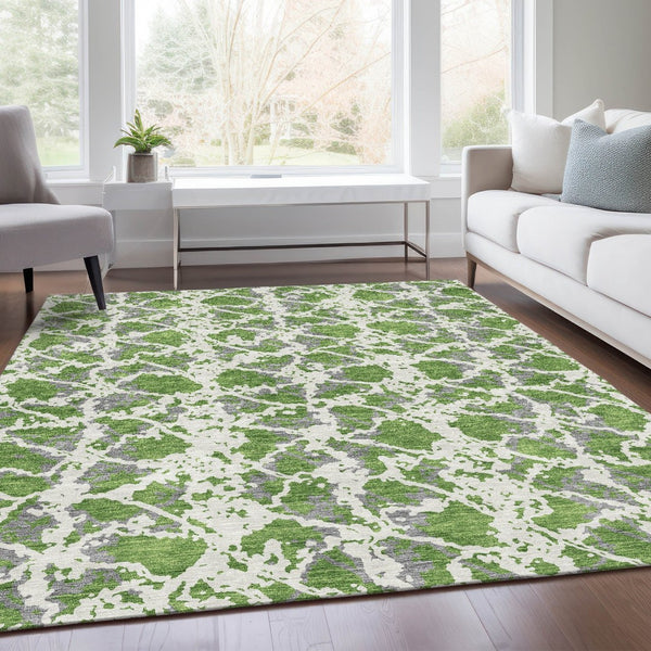 HomeRoots 8' X 10' Modern Abstract Area Rug in Green, Gray & Ivory – Durable, Washable, UV-Protected Design 676654