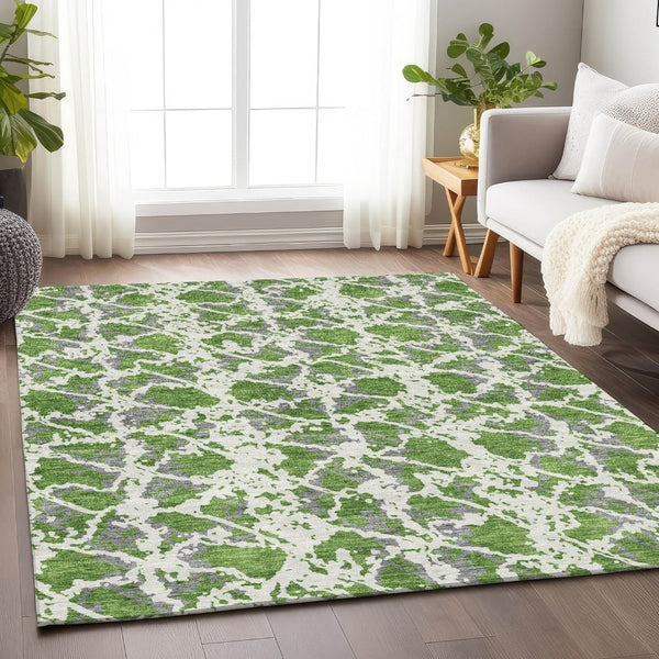 HomeRoots 9' X 12' Abstract Washable Area Rug in Green, Gray & Ivory - Durable, UV-Protected & Easy Care! 676655