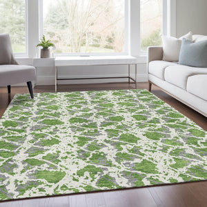HomeRoots 9' X 12' Abstract Washable Area Rug in Green, Gray & Ivory - Durable, UV-Protected & Easy Care! 676655