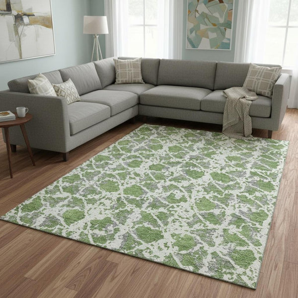 HomeRoots 10' Washable Abstract Area Rug in Green, Gray & Ivory - UV Protected, Stain Resistant for Family Living 676656