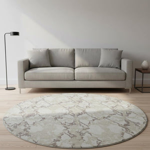 HomeRoots 8' Ivory Taupe and Beige Abstract Washable Round Rug – Stain Resistant & UV Protected for Modern Homes 676659