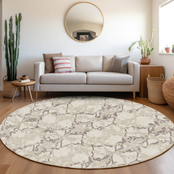 HomeRoots 8' Ivory Taupe and Beige Abstract Washable Round Rug – Stain Resistant & UV Protected for Modern Homes 676659