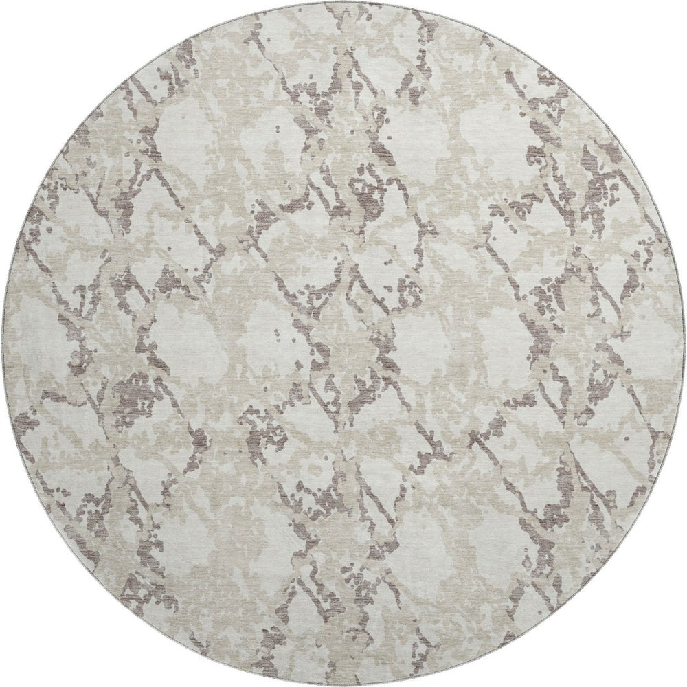HomeRoots 8' Ivory Taupe and Beige Abstract Washable Round Rug – Stain Resistant & UV Protected for Modern Homes 676659