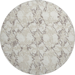 HomeRoots 8' Ivory Taupe and Beige Abstract Washable Round Rug – Stain Resistant & UV Protected for Modern Homes 676659