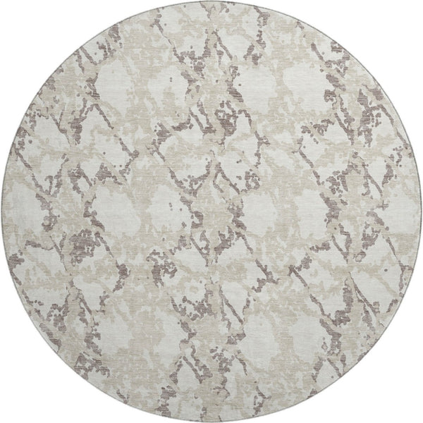 HomeRoots 8' Ivory Taupe and Beige Abstract Washable Round Rug – Stain Resistant & UV Protected for Modern Homes 676659