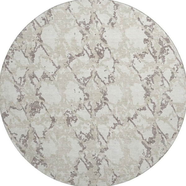 HomeRoots 8' Ivory Taupe and Beige Abstract Washable Round Rug – Stain Resistant & UV Protected for Modern Homes 676659