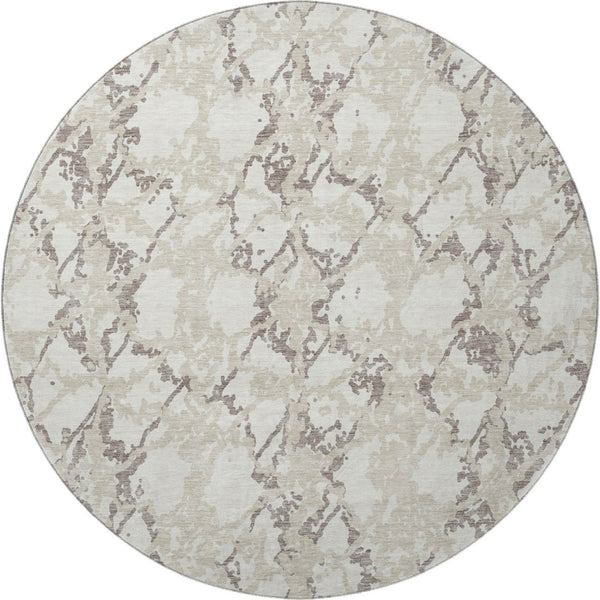 HomeRoots 8' Ivory Taupe and Beige Abstract Washable Round Rug – Stain Resistant & UV Protected for Modern Homes 676659