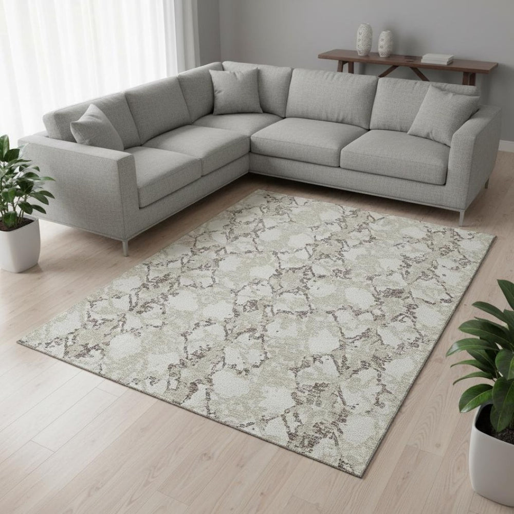 HomeRoots 8' X 10' Abstract Washable Area Rug in Ivory Taupe & Beige - Durable, UV Protected & Easy Care 676660