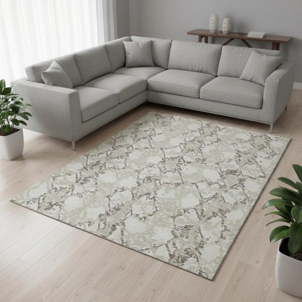 HomeRoots 8' X 10' Abstract Washable Area Rug in Ivory Taupe & Beige - Durable, UV Protected & Easy Care 676660