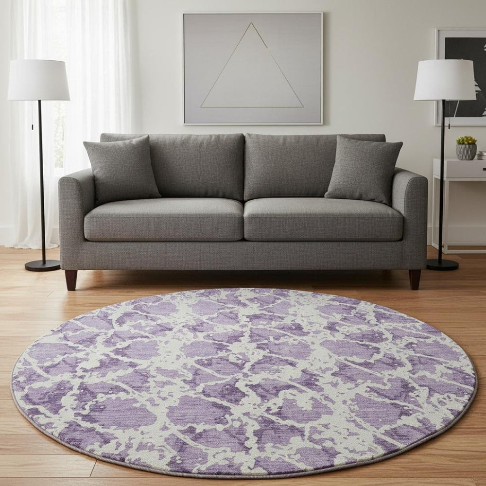 HomeRoots 8' Lilac and Ivory Abstract Round Rug – Washable, UV Protected, Perfect for Modern Living Spaces 676665