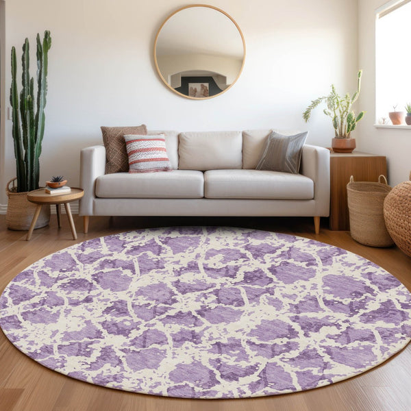 HomeRoots 8' Lilac and Ivory Abstract Round Rug – Washable, UV Protected, Perfect for Modern Living Spaces 676665