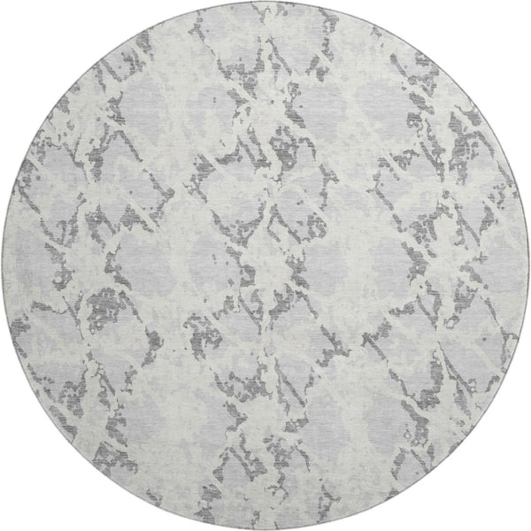 HomeRoots 8' Stylish Silver Gray and Ivory Abstract Washable Round Rug with UV Protection for High-Traffic Areas 676671