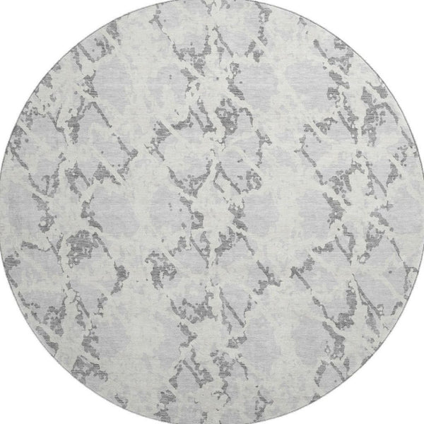 HomeRoots 8' Stylish Silver Gray and Ivory Abstract Washable Round Rug with UV Protection for High-Traffic Areas 676671
