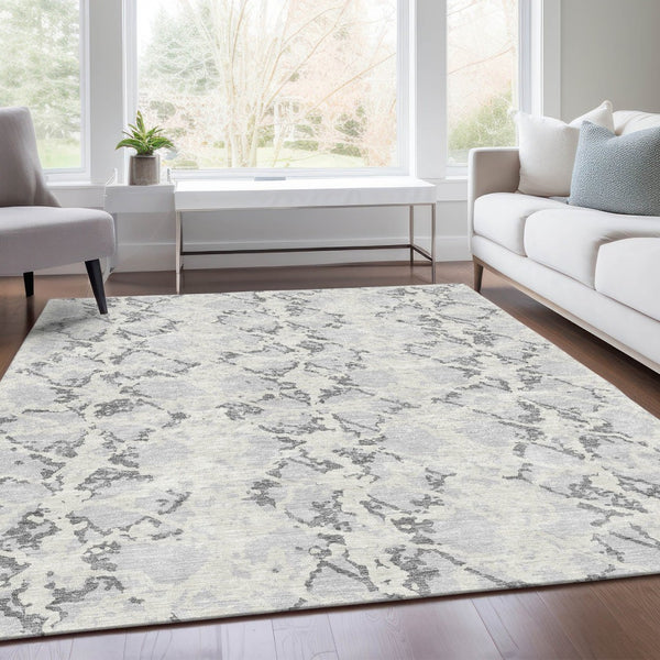 HomeRoots 9' X 12' Silver Gray & Ivory Abstract Area Rug – Stain Resistant, UV Protected, Modern Elegance 676673