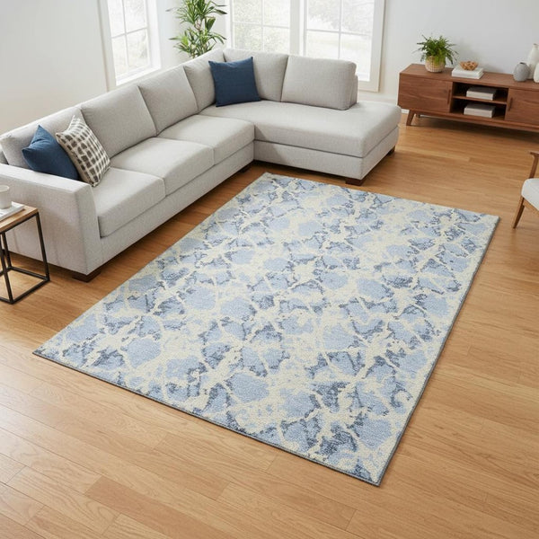 HomeRoots 8' X 10' Sky Blue and Ivory Abstract Washable Area Rug with UV Protection for Modern Living Spaces 676678