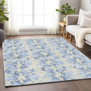 HomeRoots 8' X 10' Sky Blue and Ivory Abstract Washable Area Rug with UV Protection for Modern Living Spaces 676678