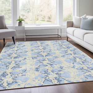 HomeRoots 8' X 10' Sky Blue and Ivory Abstract Washable Area Rug with UV Protection for Modern Living Spaces 676678