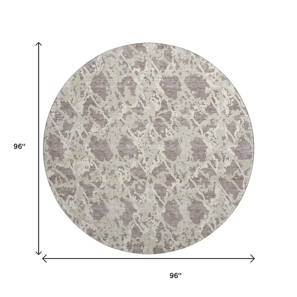 HomeRoots 8' Stylish Taupe Beige & Ivory Abstract Washable Round Rug with UV Protection for Modern Homes 676683