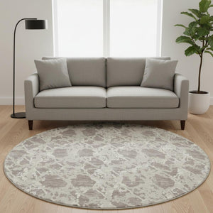 HomeRoots 8' Stylish Taupe Beige & Ivory Abstract Washable Round Rug with UV Protection for Modern Homes 676683
