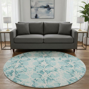 HomeRoots 8' Teal And Ivory Abstract Round Rug – Stylish, Washable, UV-Protected, Kid & Pet Friendly Home Decor 676689