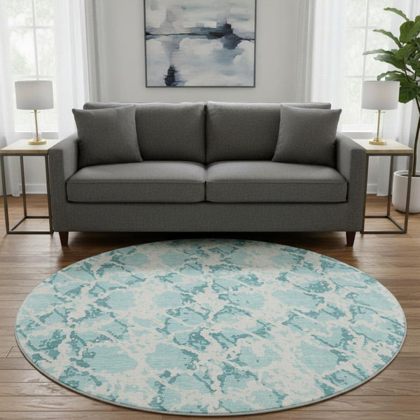 HomeRoots 8' Teal And Ivory Abstract Round Rug – Stylish, Washable, UV-Protected, Kid & Pet Friendly Home Decor 676689