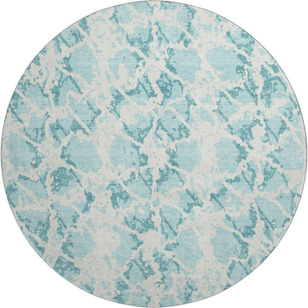 HomeRoots 8' Teal And Ivory Abstract Round Rug – Stylish, Washable, UV-Protected, Kid & Pet Friendly Home Decor 676689