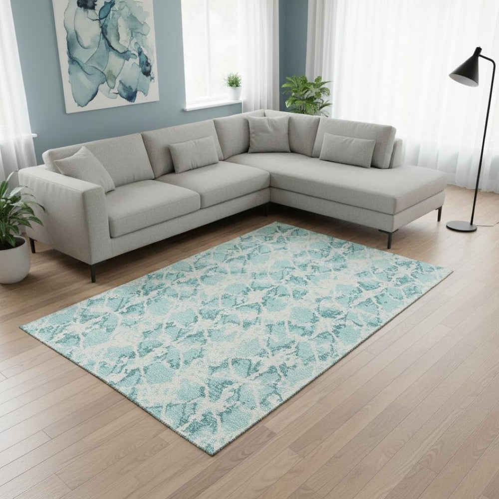 HomeRoots 8' X 10' Teal & Ivory Abstract Area Rug - Washable, UV Protected, Durable for Busy Homes & Pets 676690
