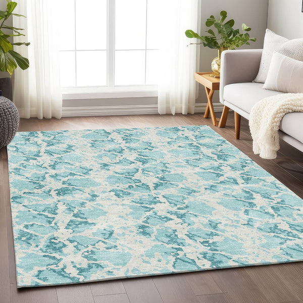 HomeRoots 8' X 10' Teal & Ivory Abstract Area Rug - Washable, UV Protected, Durable for Busy Homes & Pets 676690