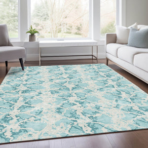 HomeRoots 8' X 10' Teal & Ivory Abstract Area Rug - Washable, UV Protected, Durable for Busy Homes & Pets 676690