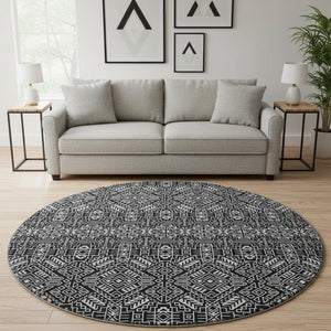 HomeRoots 8' Black and Ivory Southwestern Washable Round Rug - Stylish, Durable, UV-Protected for Busy Homes! 676695