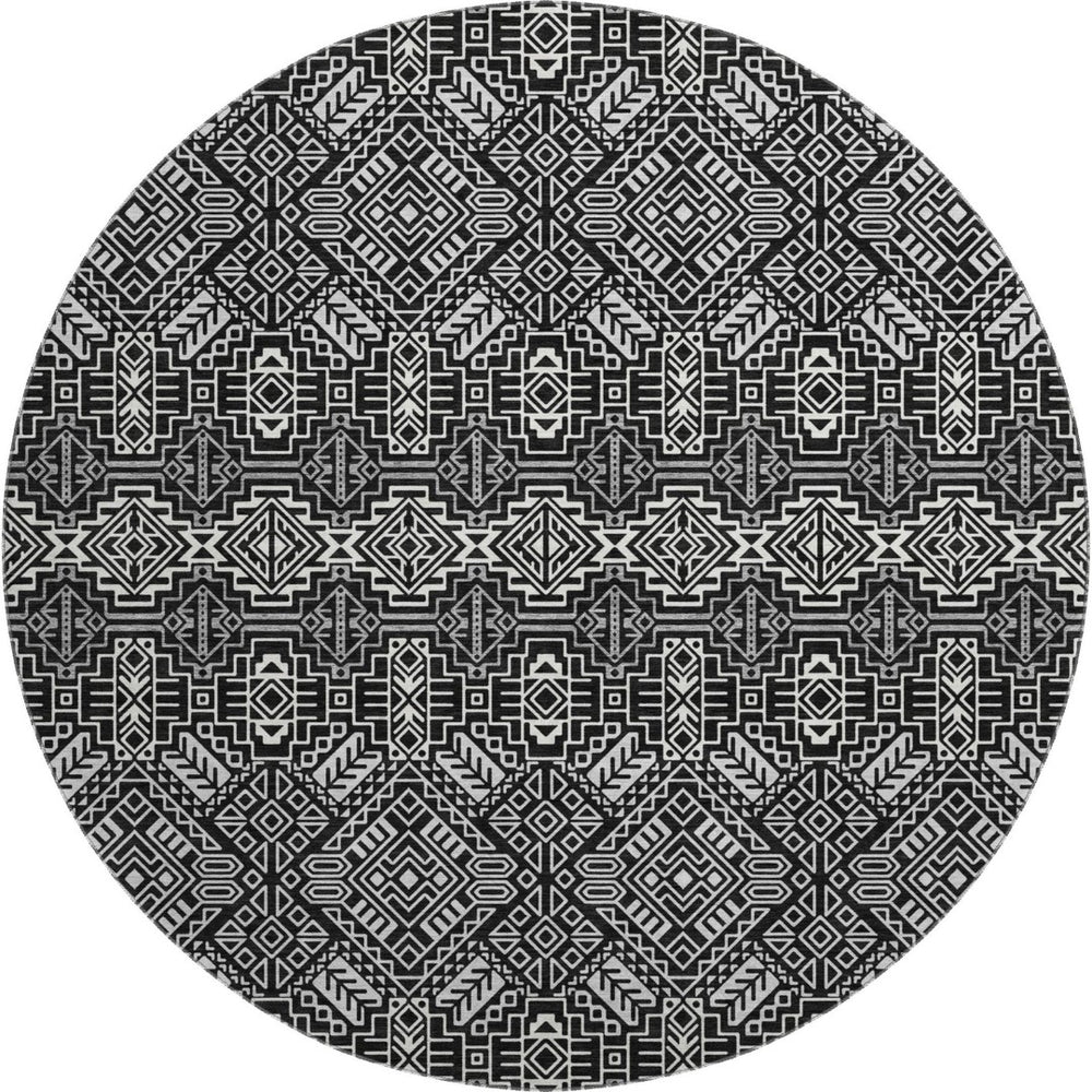 HomeRoots 8' Black and Ivory Southwestern Washable Round Rug - Stylish, Durable, UV-Protected for Busy Homes! 676695