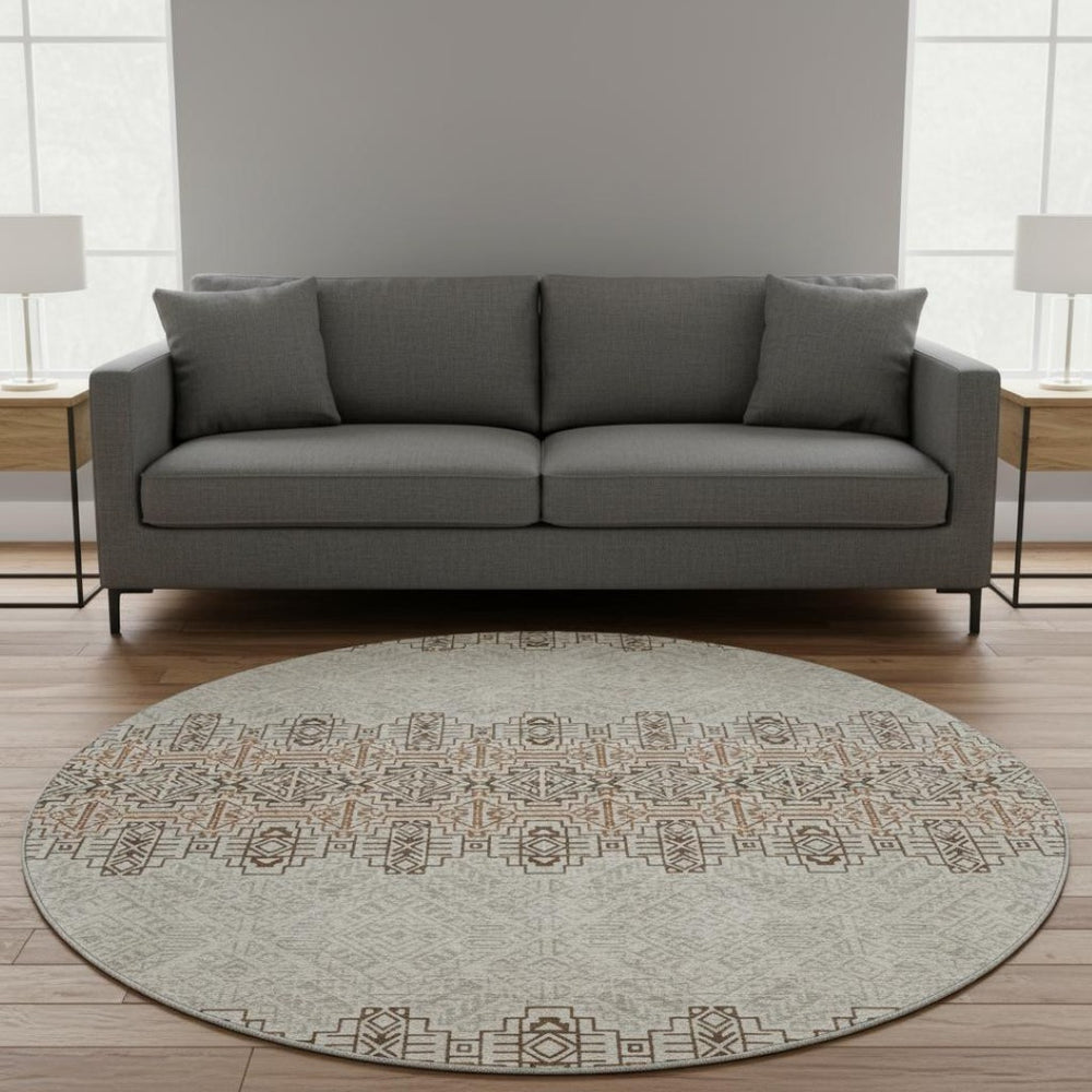 HomeRoots 8' Southwestern Round Rug - Durable, Washable, UV-Protected Design in Brown & Beige for Versatile Style 676701
