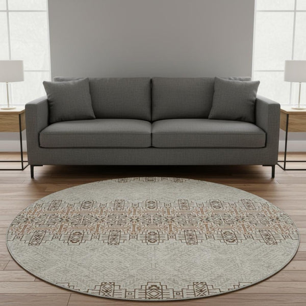 HomeRoots 8' Southwestern Round Rug - Durable, Washable, UV-Protected Design in Brown & Beige for Versatile Style 676701