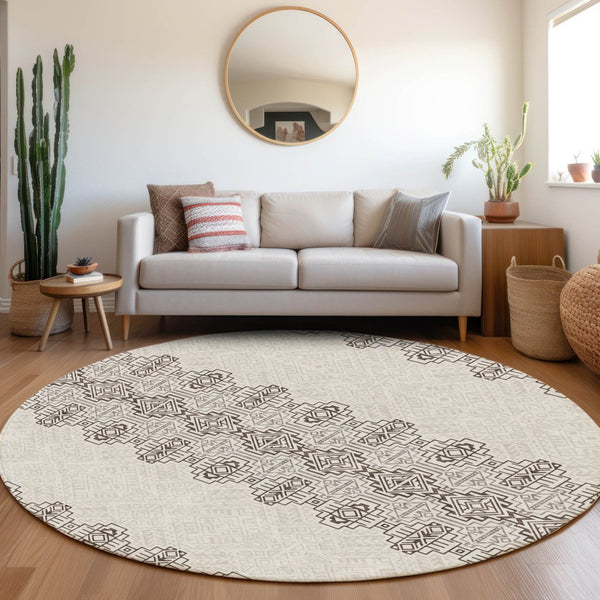 HomeRoots 8' Chocolate Beige and Ivory Southwestern Washable Area Rug with Stain Resistance & UV Protection 676707