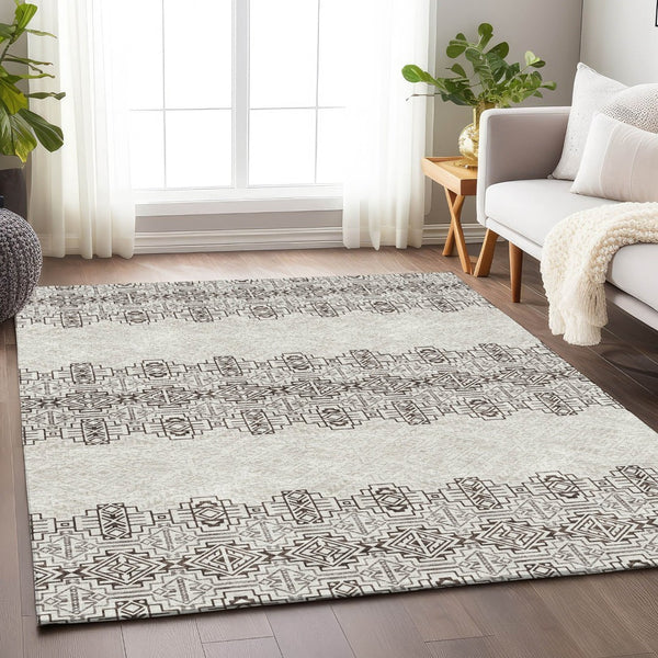 HomeRoots 8' X 10' Chocolate Beige & Ivory Southwestern Area Rug - Washable, Stain Resistant, UV Protected! 676708