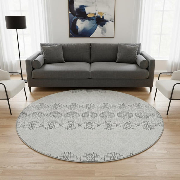 HomeRoots 8' Gray and Ivory Southwestern Washable Round Rug - Durable, UV-Protected, Easy-Care Design for All Spaces 676713