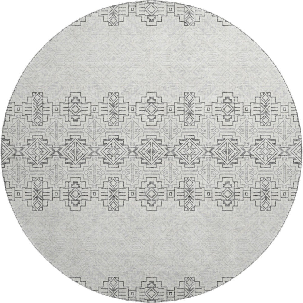 HomeRoots 8' Gray and Ivory Southwestern Washable Round Rug - Durable, UV-Protected, Easy-Care Design for All Spaces 676713
