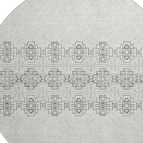 HomeRoots 8' Gray and Ivory Southwestern Washable Round Rug - Durable, UV-Protected, Easy-Care Design for All Spaces 676713