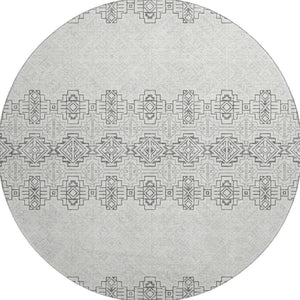 HomeRoots 8' Gray and Ivory Southwestern Washable Round Rug - Durable, UV-Protected, Easy-Care Design for All Spaces 676713