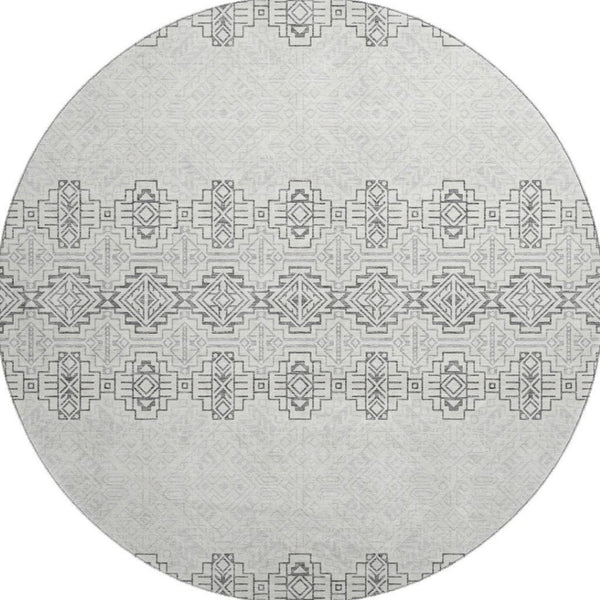 HomeRoots 8' Gray and Ivory Southwestern Washable Round Rug - Durable, UV-Protected, Easy-Care Design for All Spaces 676713