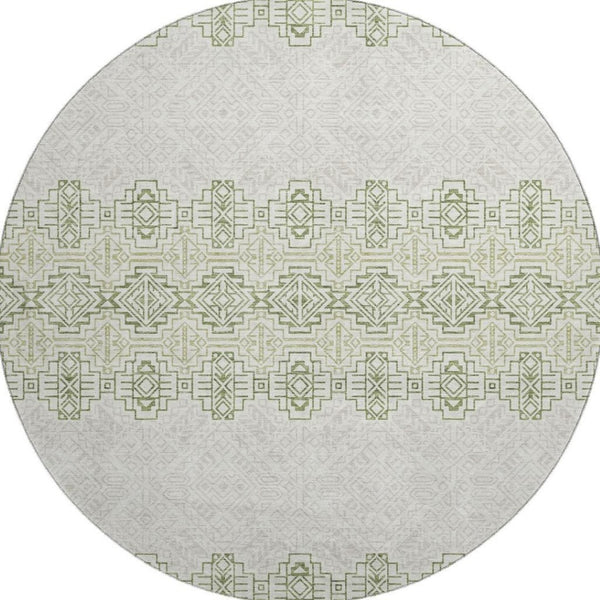 HomeRoots 8' Southwestern Green and Ivory Washable Round Rug with UV Protection for High-Traffic Areas 676719