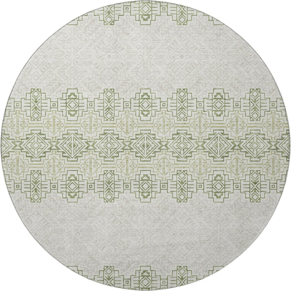 HomeRoots 8' Southwestern Green and Ivory Washable Round Rug with UV Protection for High-Traffic Areas 676719