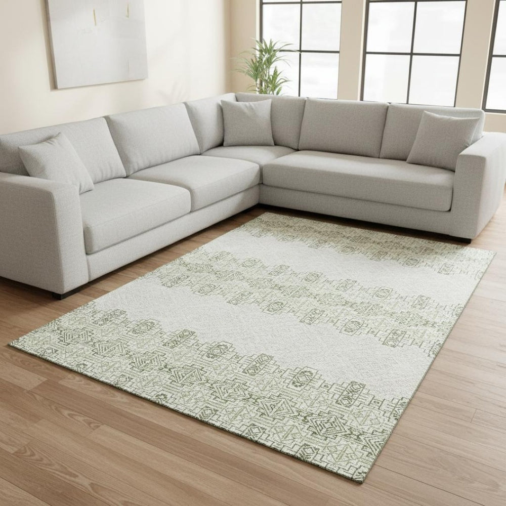 HomeRoots 8' X 10' Southwestern Washable Area Rug in Green & Ivory - UV Protected, Durable & Easy-Care Design 676720