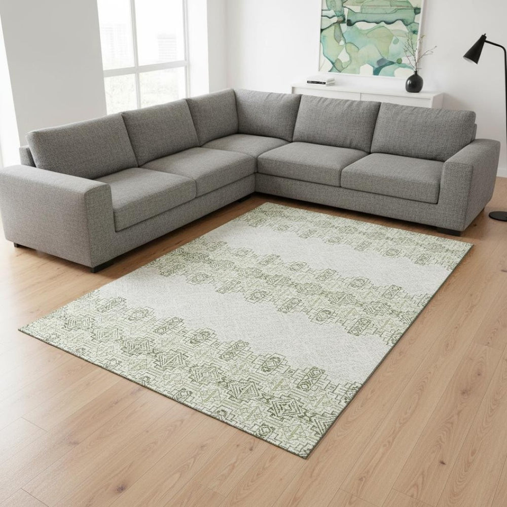 HomeRoots 9' X 12' Green And Ivory Southwestern Area Rug - Washable, UV Protected, Durable & Stylish Home Decor 676721