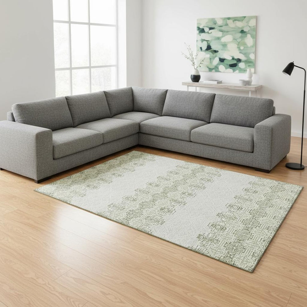 HomeRoots 10' X 14' Green and Ivory Southwestern Area Rug - Durable, Washable, UV-Protected for Family Spaces 676722