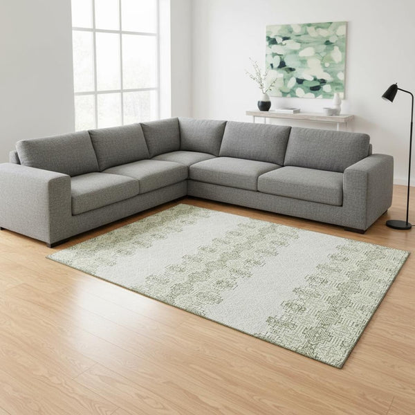 HomeRoots 10' X 14' Green and Ivory Southwestern Area Rug - Durable, Washable, UV-Protected for Family Spaces 676722