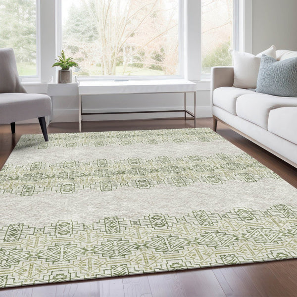 HomeRoots 10' X 14' Green and Ivory Southwestern Area Rug - Durable, Washable, UV-Protected for Family Spaces 676722