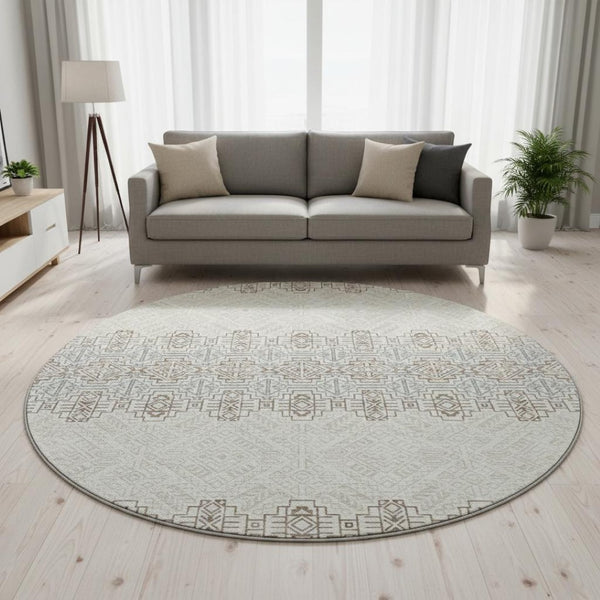 HomeRoots 8' Southwestern Round Rug in Ivory, Brown & Gray - Durable, Washable, UV-Protected & Stylish Design 676725