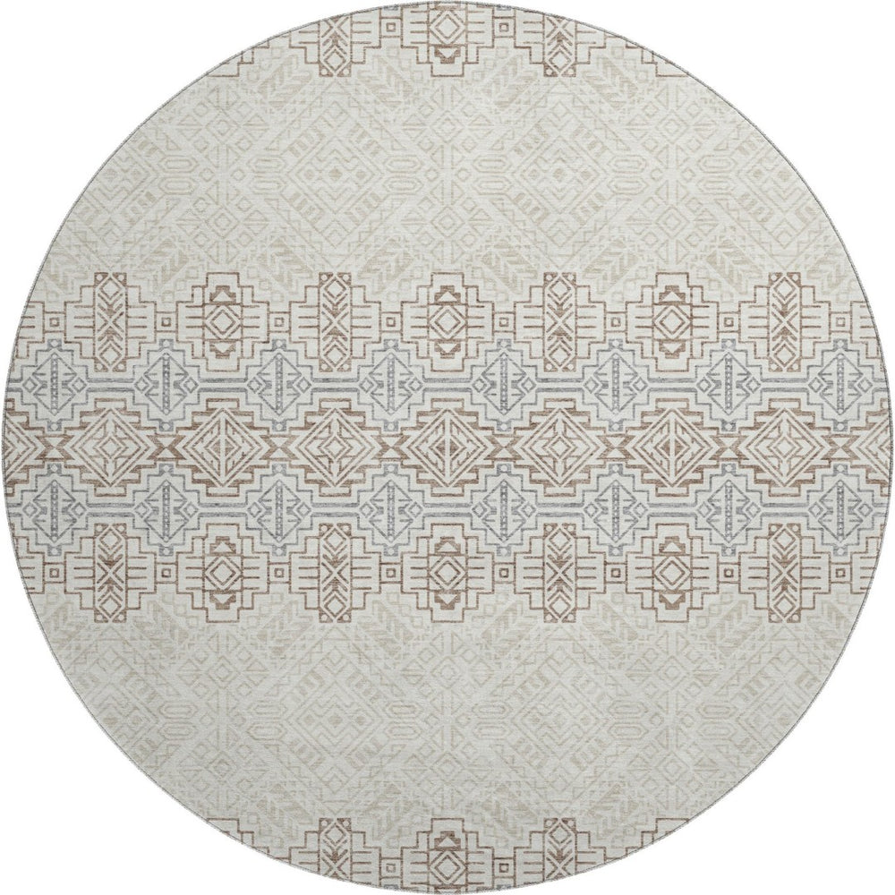 HomeRoots 8' Southwestern Round Rug in Ivory, Brown & Gray - Durable, Washable, UV-Protected & Stylish Design 676725
