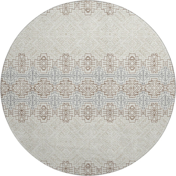 HomeRoots 8' Southwestern Round Rug in Ivory, Brown & Gray - Durable, Washable, UV-Protected & Stylish Design 676725